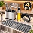 Kit Pia Organizada 4 em 1 | Tapete de Silicone + Porta Talher Inox + Borrifador de Óleo